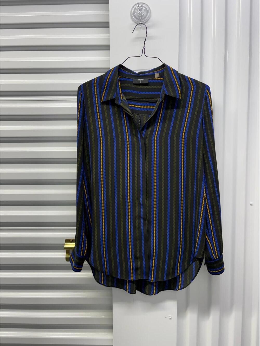 Tahari Women’s Medium Tahari Striped Button Up Blouse Black Indigo Yellow